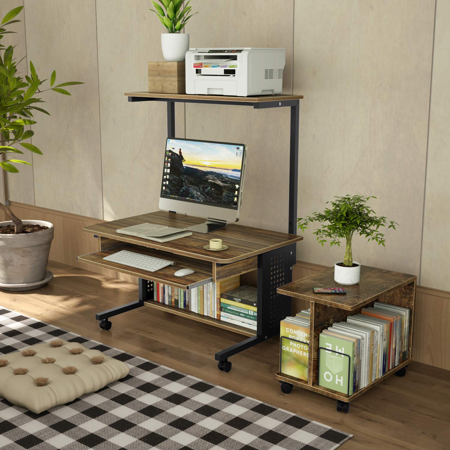 DEWEL ローデスク 木製 パソコンデスク 収納棚・キーボード台・キャスター付き 省スペース 80×50×100cm(天板高45cm)